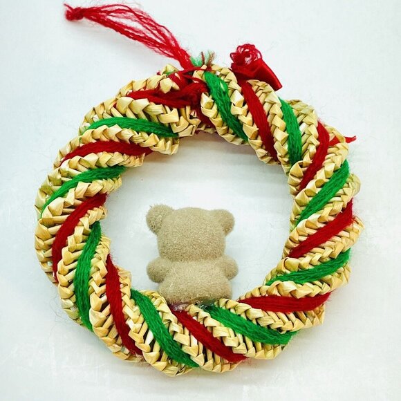 Vintage Christmas Ornament Straw Wreath With Teddy Bear Green & Red Wool Strings - Picture 3 of 12